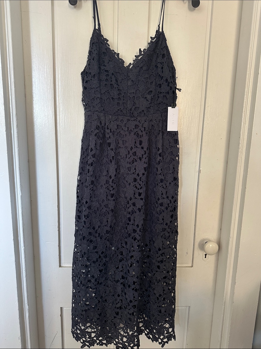 Astr Black Crochet Lace Midi Dress with Spaghetti Straps